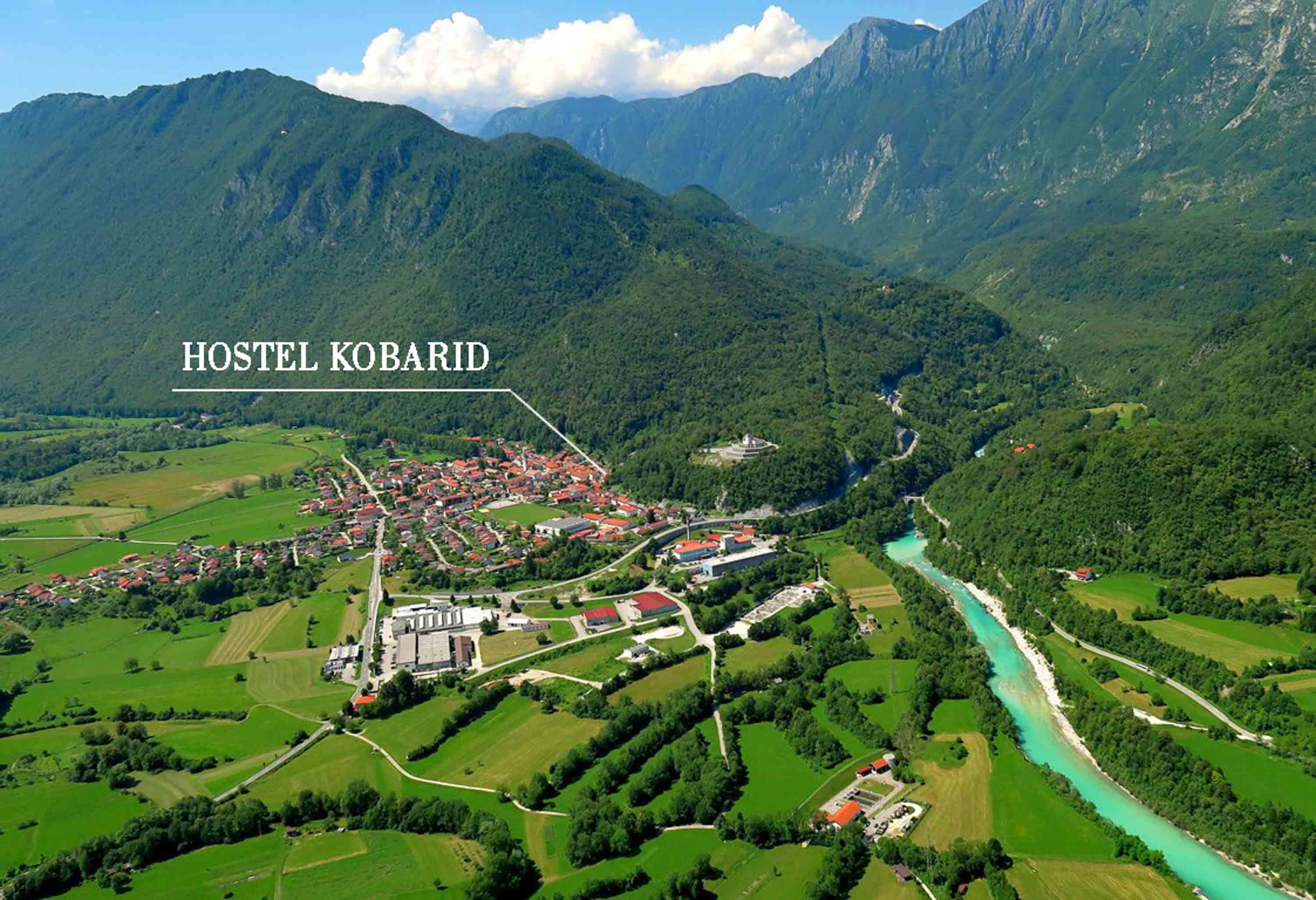 Captivating aerial perspective of Premium Hostel Kobarid's idyllic location in Soca Valley